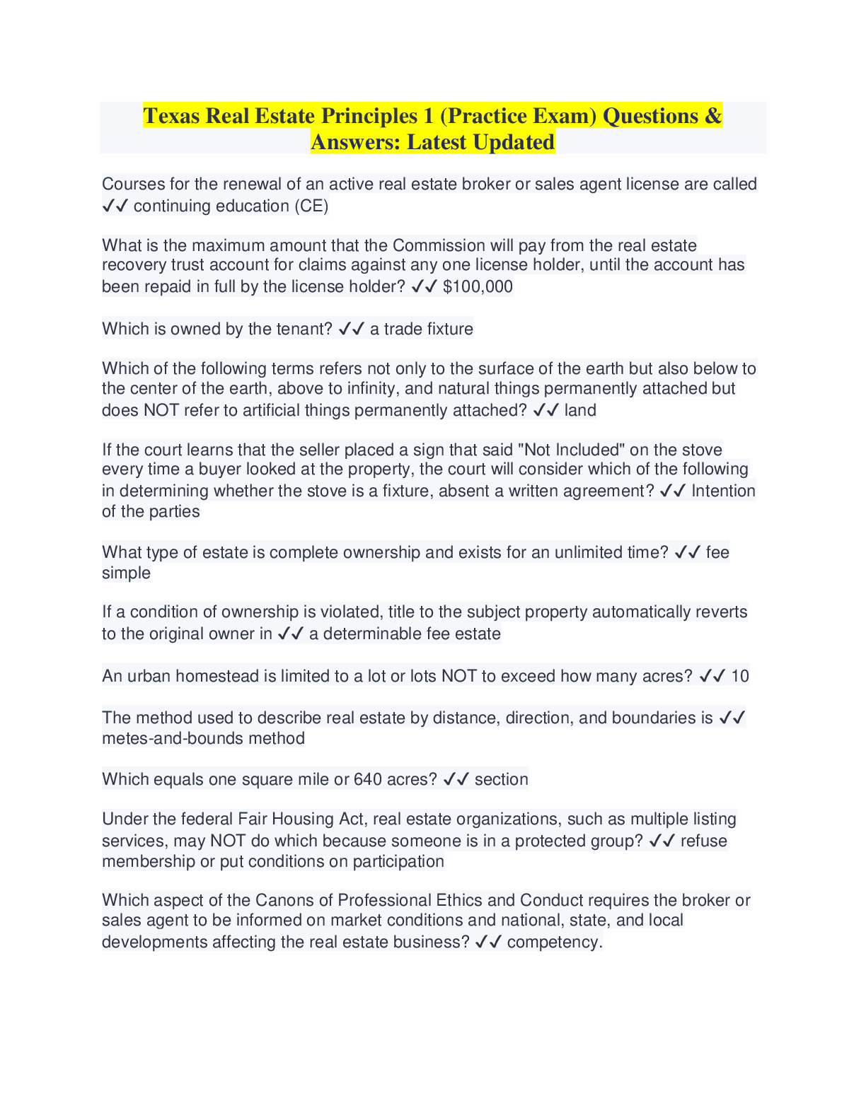 Preview image for Texas Real Estate Principles 1 (Practice Exam) Questions & Answers: Latest Updated